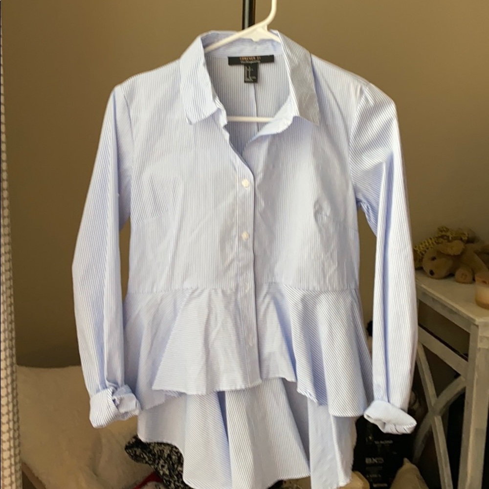 White & Blue Peplum High Low Top